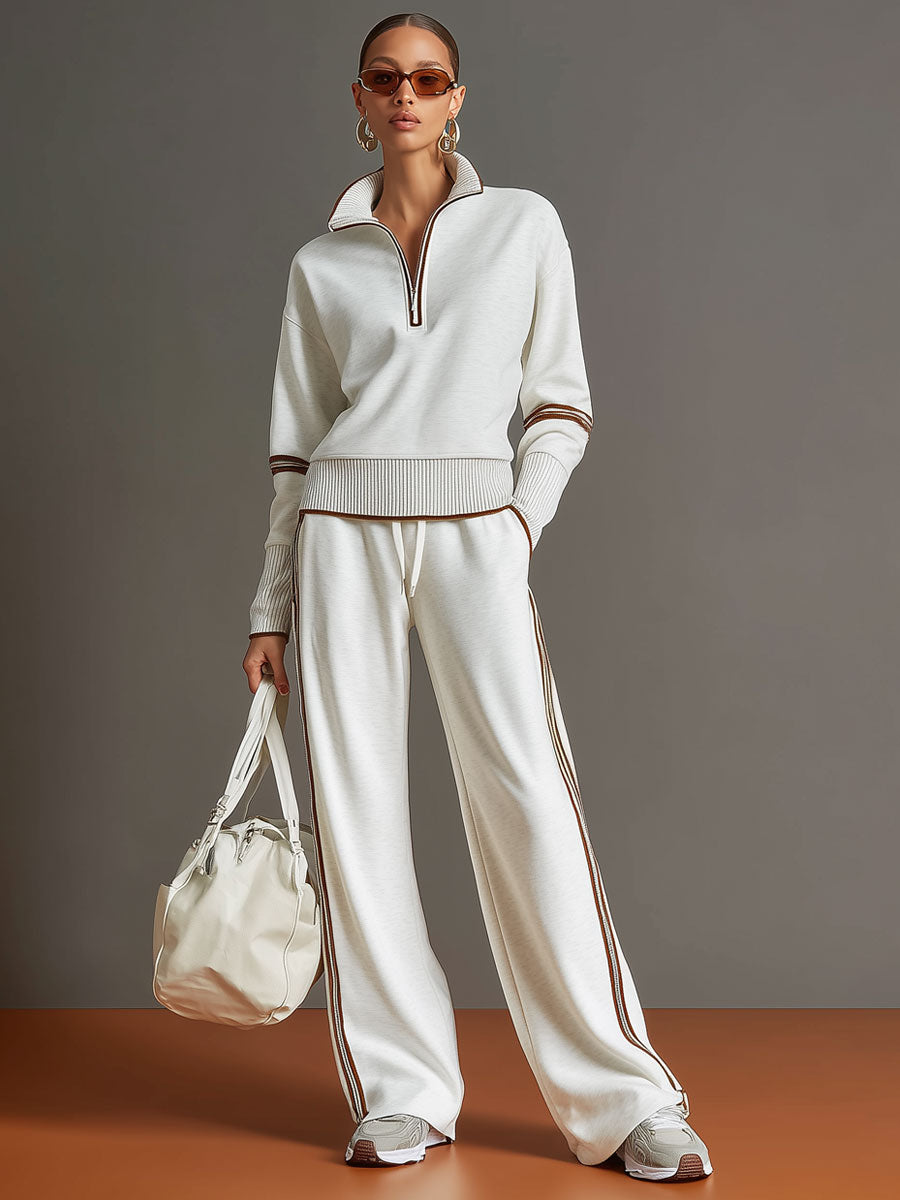 🤩🤩Retro Sporty Webbing Grey-white Half-zip Sweatshirt And Wide-leg Pants Set