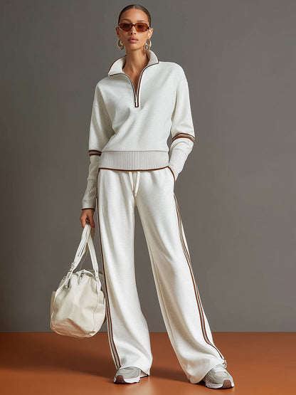 🤩🤩Retro Sporty Webbing Grey-white Half-zip Sweatshirt And Wide-leg Pants Set
