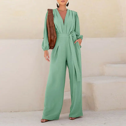 🌿 Women's Puff Sleeve Textured Jumpsuit – Plunge Neck, Waist Tie, Casual Loose Romper with Pockets