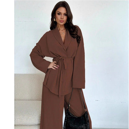Chic Temperament Two-Piece Set 🌟 2025 Autumn Winter Women's V-Neck Long-Sleeve & Wide-Leg Pants