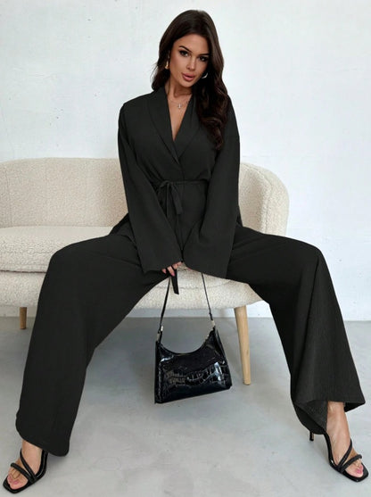 Chic Temperament Two-Piece Set 🌟 2025 Autumn Winter Women's V-Neck Long-Sleeve & Wide-Leg Pants