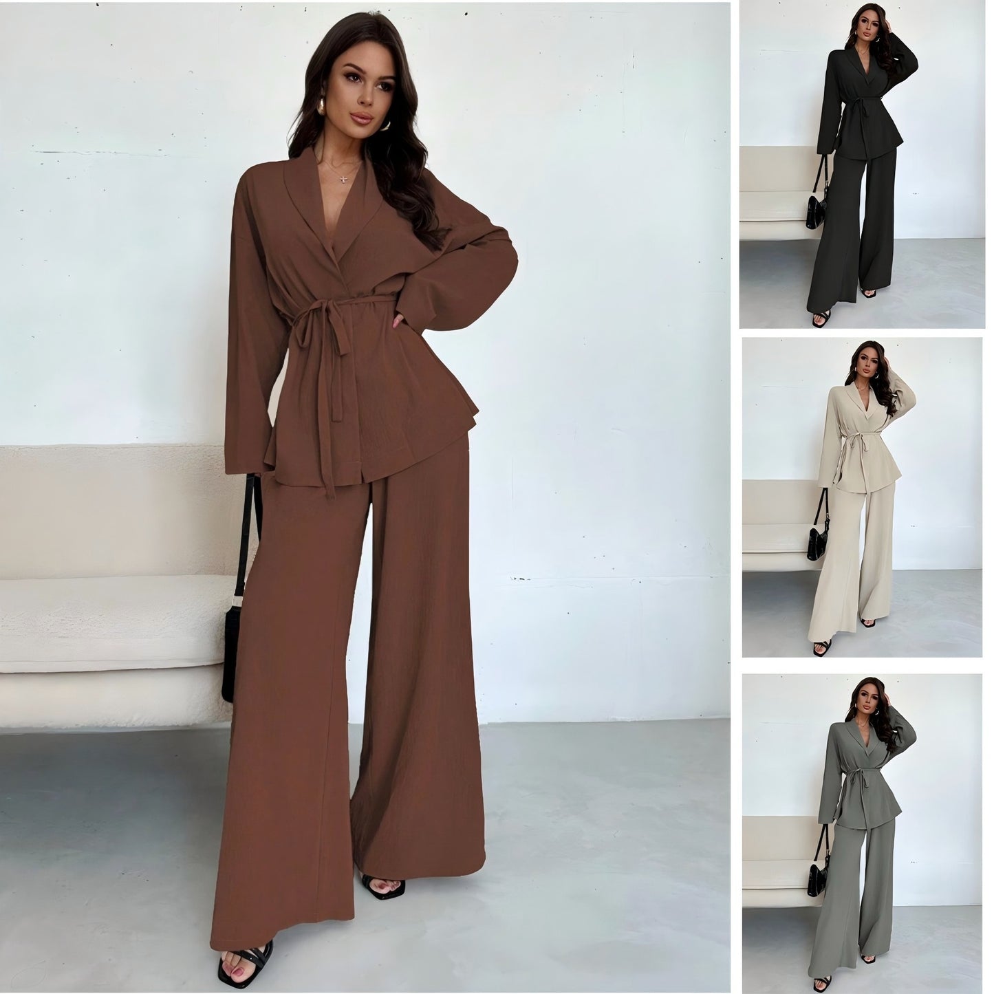 Chic Temperament Two-Piece Set 🌟 2025 Autumn Winter Women's V-Neck Long-Sleeve & Wide-Leg Pants