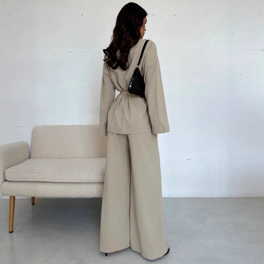 Chic Temperament Two-Piece Set 🌟 2025 Autumn Winter Women's V-Neck Long-Sleeve & Wide-Leg Pants