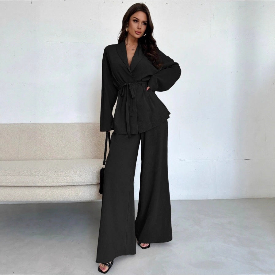 Chic Temperament Two-Piece Set 🌟 2025 Autumn Winter Women's V-Neck Long-Sleeve & Wide-Leg Pants