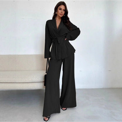 Chic Temperament Two-Piece Set 🌟 2025 Autumn Winter Women's V-Neck Long-Sleeve & Wide-Leg Pants