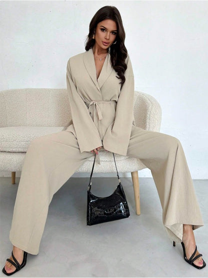 Chic Temperament Two-Piece Set 🌟 2025 Autumn Winter Women's V-Neck Long-Sleeve & Wide-Leg Pants