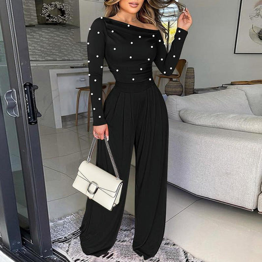 🌹 Women's Chic Pearl Embellished Jumpsuit – Skew Neck, Cinched Waist, Ruched Long Sleeve, Wide Leg