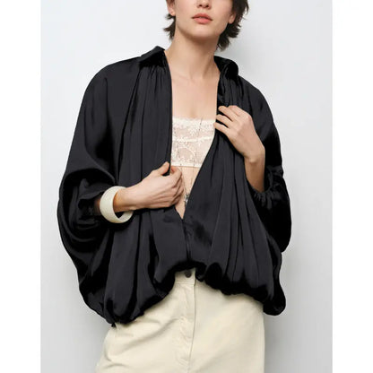 🌙 Women's Puffed Oversized Bomber – Batwing Sleeves, Lapel Collar Zip Jacket, Trendy Street Style