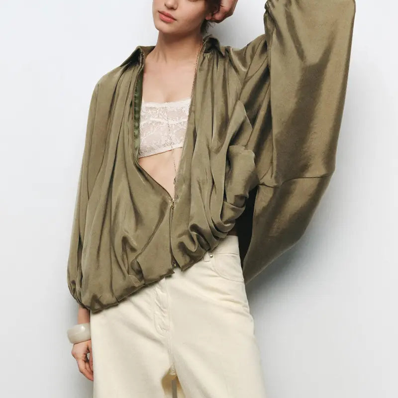 🌙 Women's Puffed Oversized Bomber – Batwing Sleeves, Lapel Collar Zip Jacket, Trendy Street Style