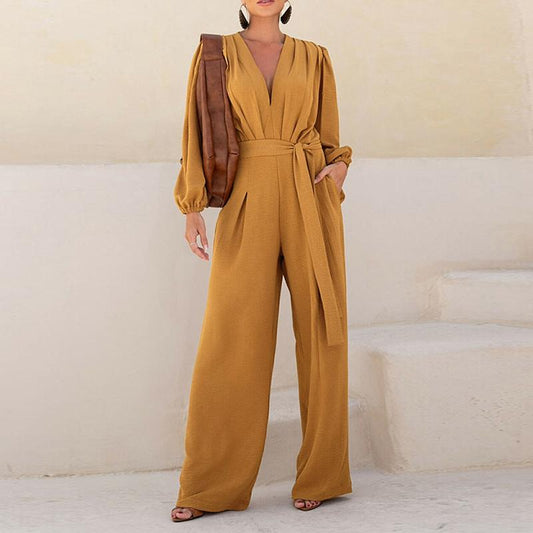 🌿 Women's Puff Sleeve Textured Jumpsuit – Plunge Neck, Waist Tie, Casual Loose Romper with Pockets