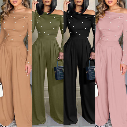 🌹 Women's Chic Pearl Embellished Jumpsuit – Skew Neck, Cinched Waist, Ruched Long Sleeve, Wide Leg