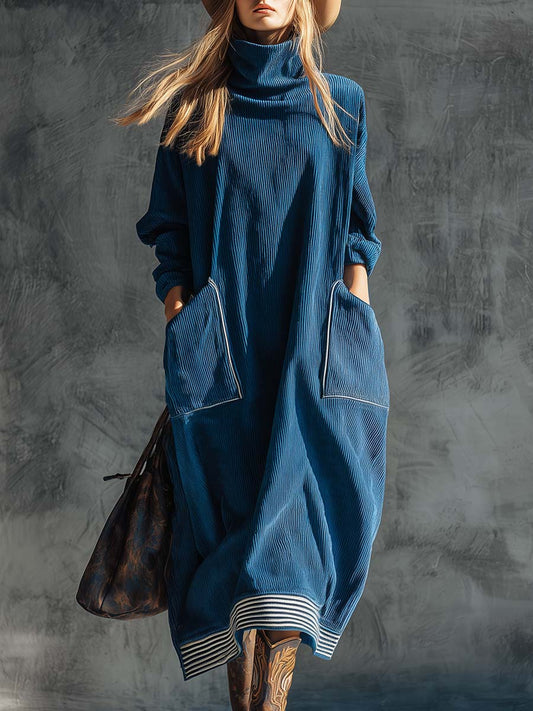 🤩🤩Casual Fashion Vintage High Collar Large Side Pockets Blue Corduroy Midi Dress