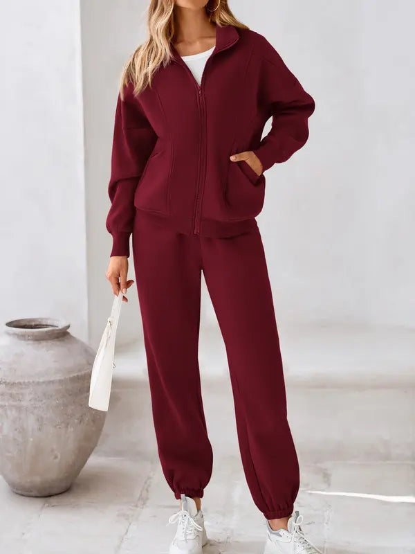🌿 Women's Fleece Matching Set – Zip Up Sweatshirt & Joggers, Soft Lounge Outfit for Cold Weather