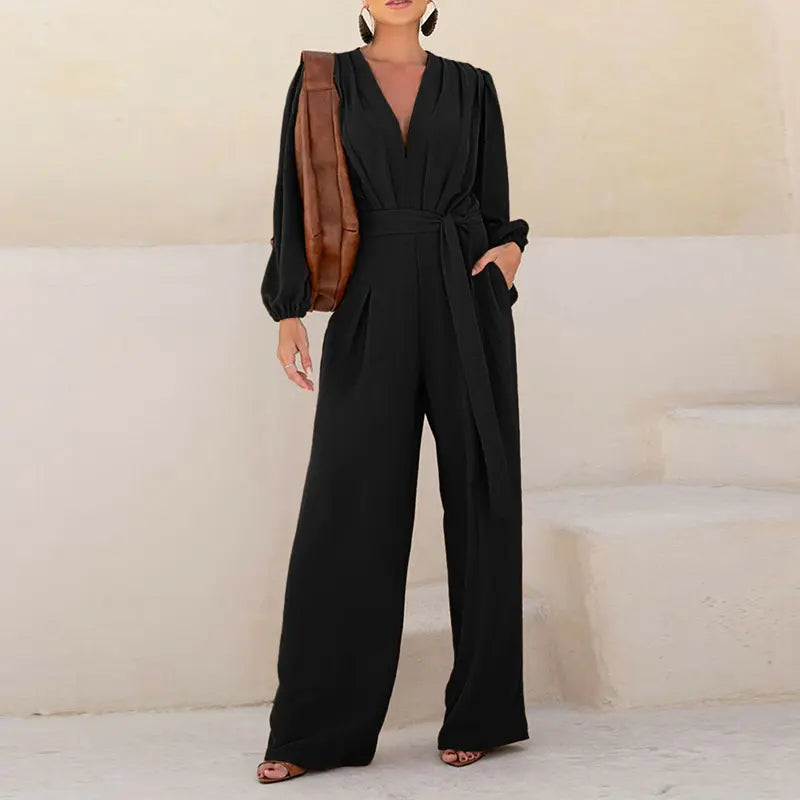 🌿 Women's Puff Sleeve Textured Jumpsuit – Plunge Neck, Waist Tie, Casual Loose Romper with Pockets