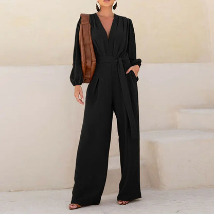 🌿 Women's Puff Sleeve Textured Jumpsuit – Plunge Neck, Waist Tie, Casual Loose Romper with Pockets