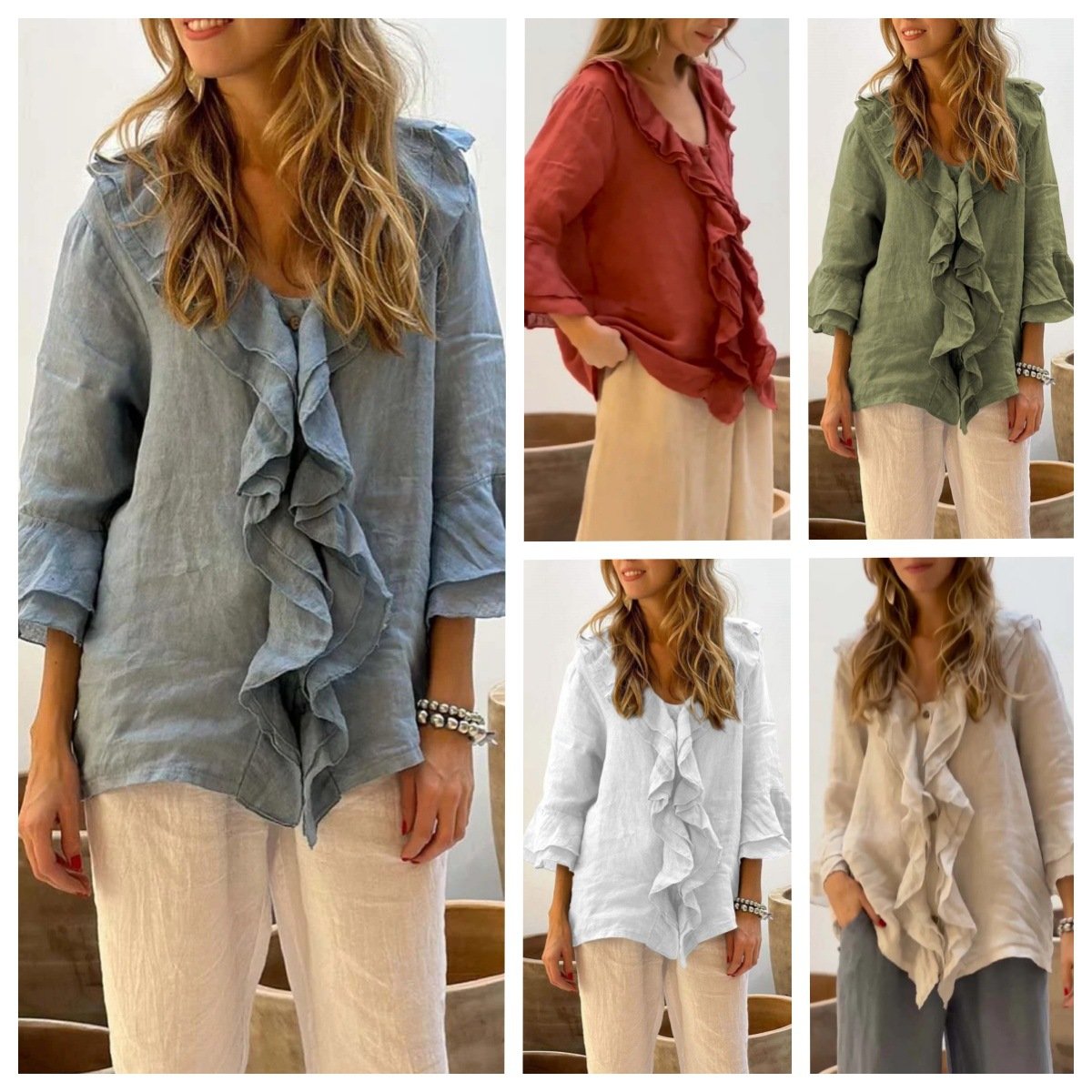 📦📦Hot Sale🔥Women Summer Ruffle Design Casual Linen Cotton Shirt
