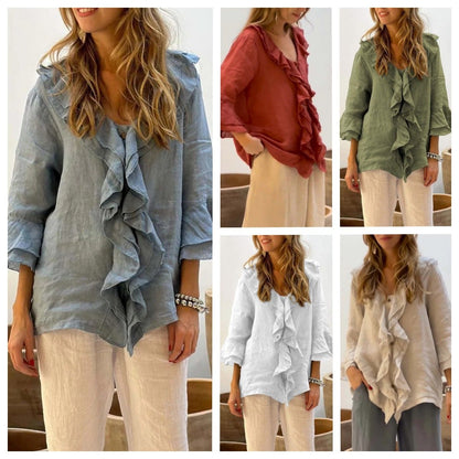 📦📦Hot Sale🔥Women Summer Ruffle Design Casual Linen Cotton Shirt