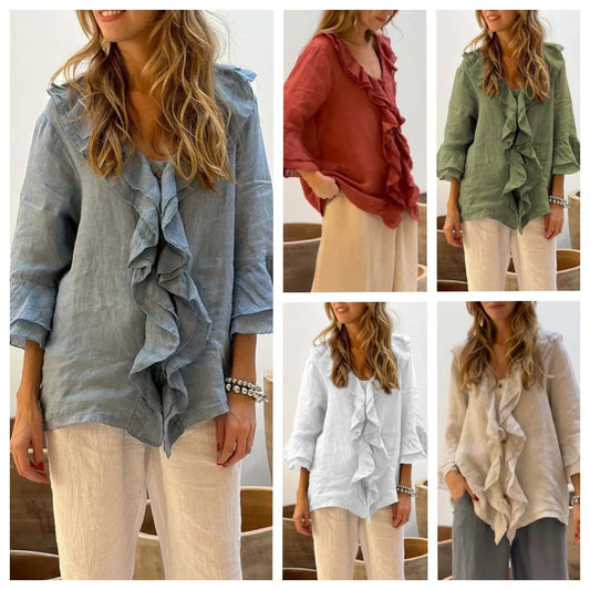 📦📦Hot Sale🔥Women Summer Ruffle Design Casual Linen Cotton Shirt