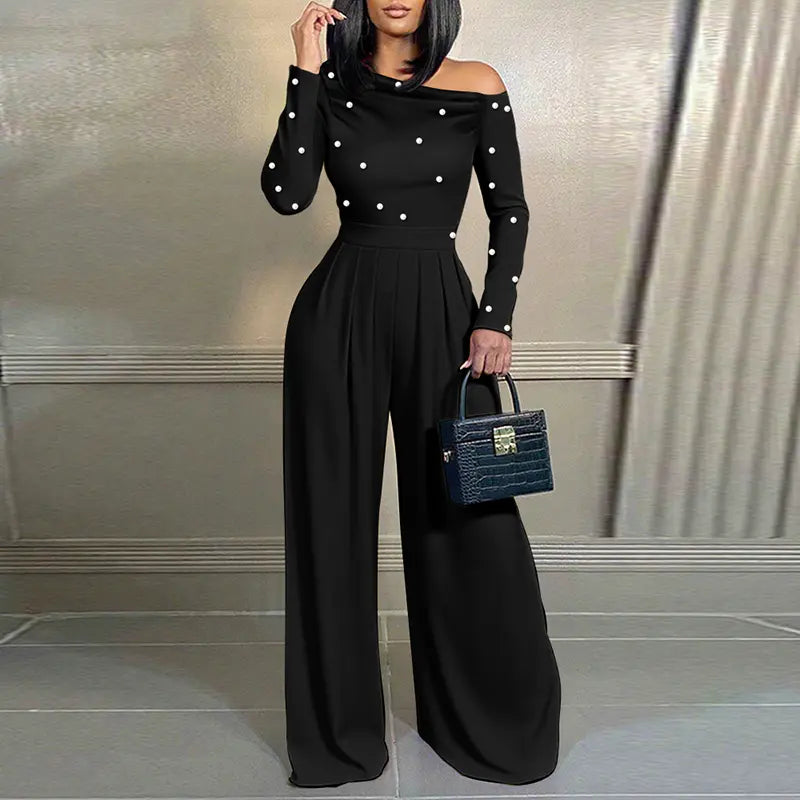 🌹 Women's Chic Pearl Embellished Jumpsuit – Skew Neck, Cinched Waist, Ruched Long Sleeve, Wide Leg