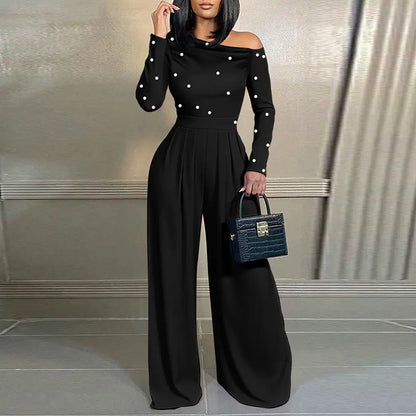 🌹 Women's Chic Pearl Embellished Jumpsuit – Skew Neck, Cinched Waist, Ruched Long Sleeve, Wide Leg