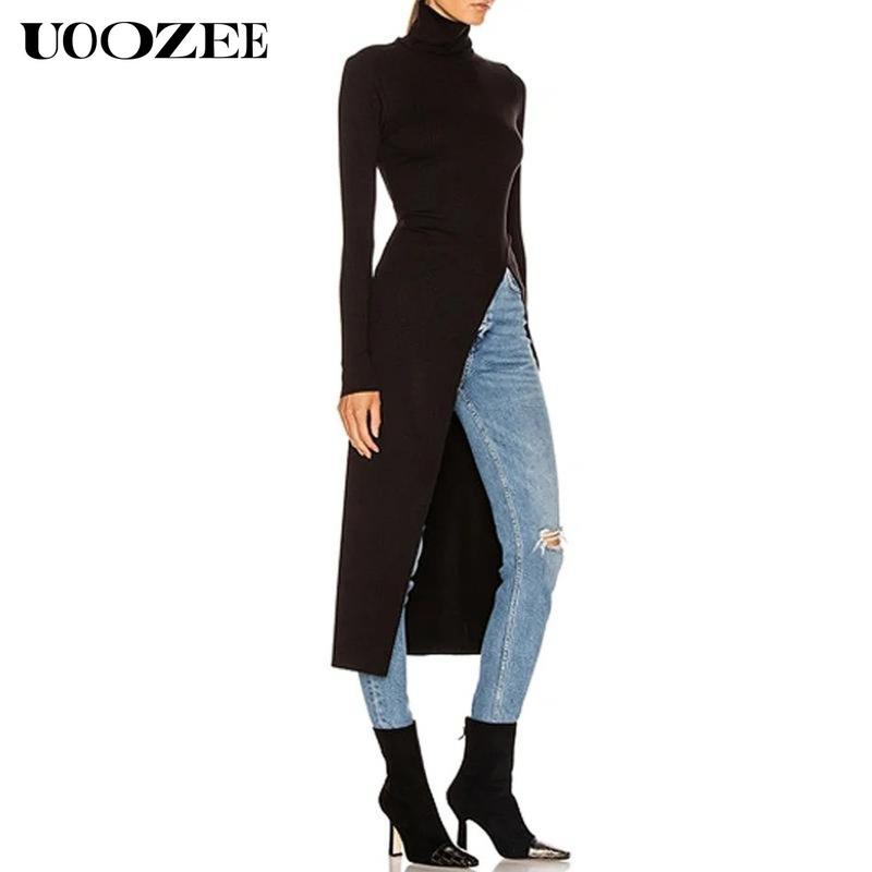 UOOZEE Women's simple tight solid color split high collar knitted top, elegant and simple, with a strong sense of design, elastic and comfortable fabric, suitable for daily leisure and commuting fall clothing women office outfits