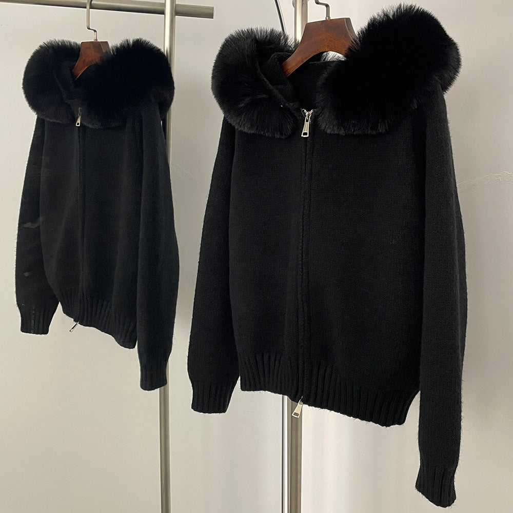 Women Hooded Fur Collar Casual Knitted Coat