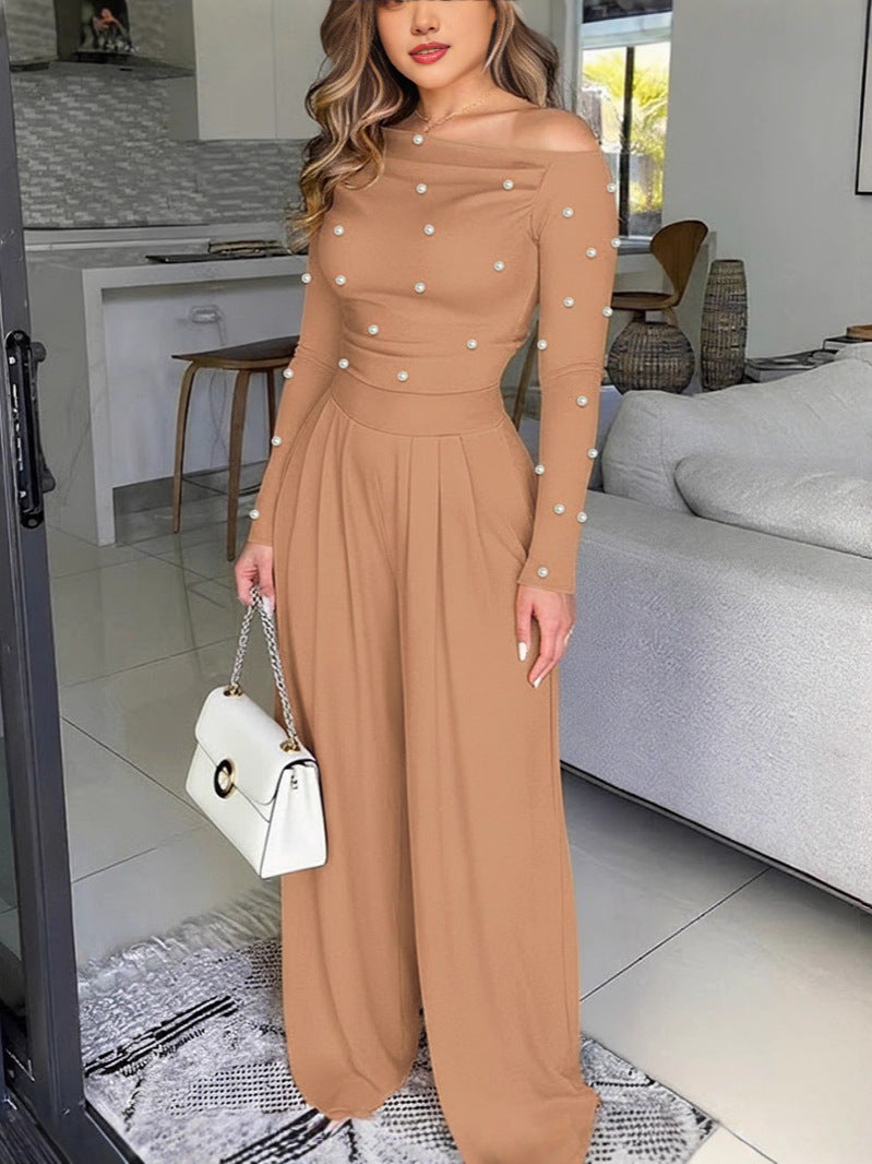 🌹 Women's Chic Pearl Embellished Jumpsuit – Skew Neck, Cinched Waist, Ruched Long Sleeve, Wide Leg