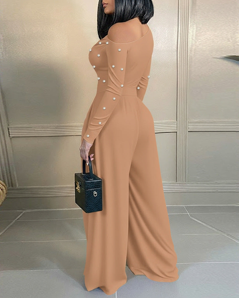 🌹 Women's Chic Pearl Embellished Jumpsuit – Skew Neck, Cinched Waist, Ruched Long Sleeve, Wide Leg