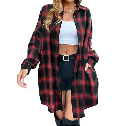 🍂 Women's Long Plaid Flannel Shacket – Button Down Collared Jacket Coat