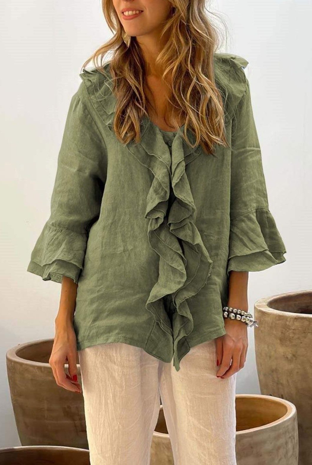 📦📦Hot Sale🔥Women Summer Ruffle Design Casual Linen Cotton Shirt