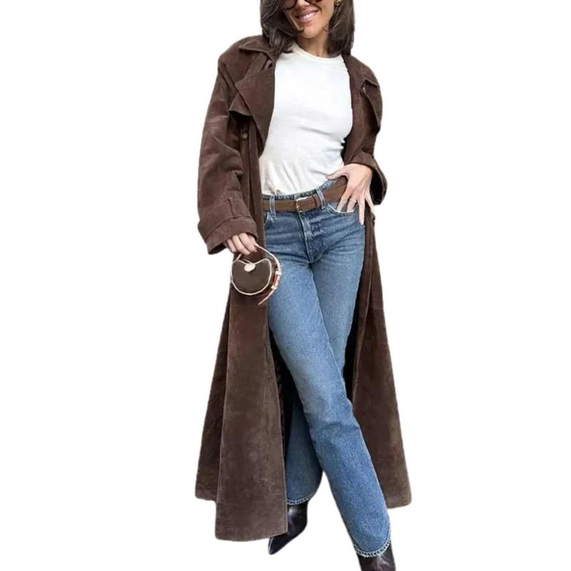 👗✨Women's Faux Suede Long Trench Coat, Double Breasted Pea Coat with Belt