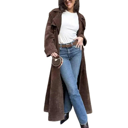 👗✨Women's Faux Suede Long Trench Coat, Double Breasted Pea Coat with Belt
