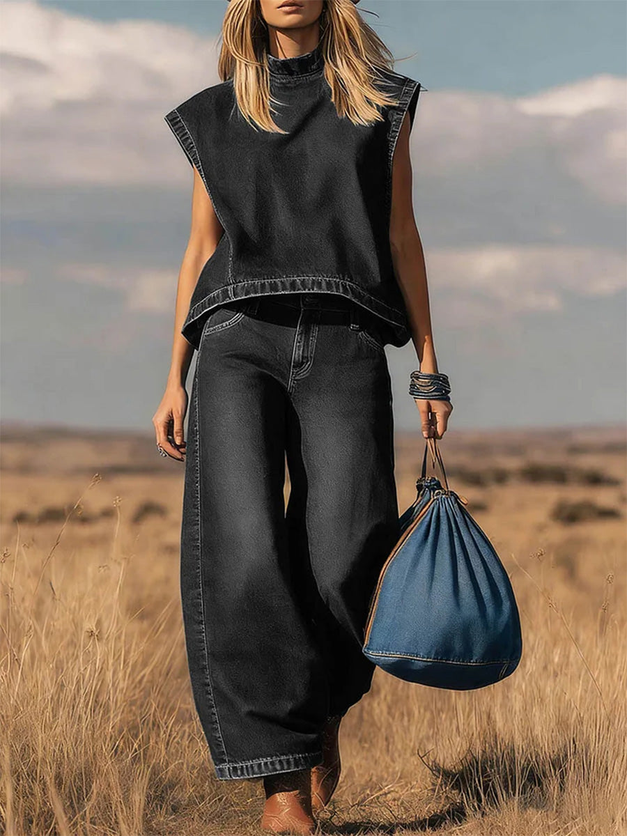 📦📦 New Arrivals🔥 Women's Stand Collar Sleeveless Casual Loose Top and High Waisted Loose Wide Leg Denim Pants Set