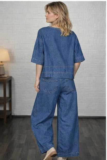 💝💝Women's Casual Denim Cotton Top And Pants Two-piece Set