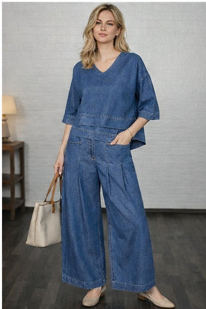 💝💝Women's Casual Denim Cotton Top And Pants Two-piece Set