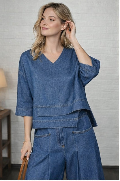 💝💝Women's Casual Denim Cotton Top And Pants Two-piece Set
