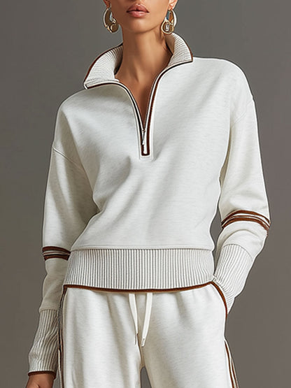🤩🤩Retro Sporty Webbing Grey-white Half-zip Sweatshirt And Wide-leg Pants Set