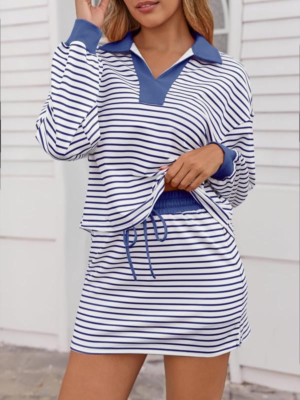 🤩🤩Womens Striped 2 Piece Outfits Casual Sweatshirt Skirt Set Long Sleeve Skort Workout Set Matching Lounge Sets(Buy 2 Free Shipping)