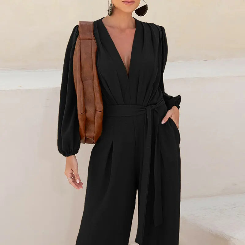 🌿 Women's Puff Sleeve Textured Jumpsuit – Plunge Neck, Waist Tie, Casual Loose Romper with Pockets