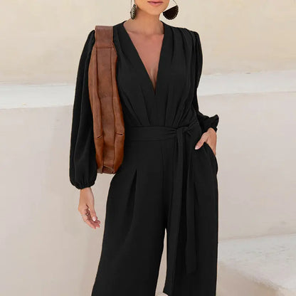 🌿 Women's Puff Sleeve Textured Jumpsuit – Plunge Neck, Waist Tie, Casual Loose Romper with Pockets