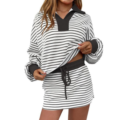 🤩🤩Womens Striped 2 Piece Outfits Casual Sweatshirt Skirt Set Long Sleeve Skort Workout Set Matching Lounge Sets(Buy 2 Free Shipping)