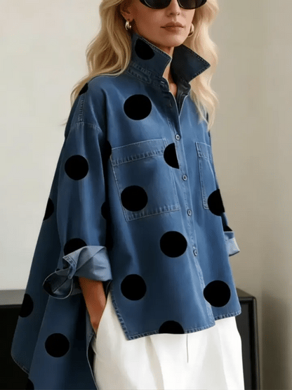 📦📦CLEARANCE SALE🔥Elegant Artistic Polka Dot Print Stand-collar Denim Top