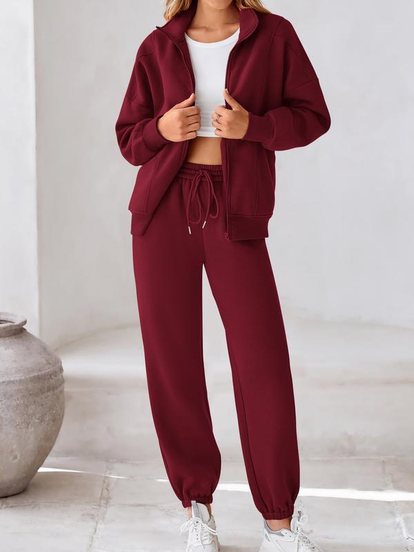 🌿 Women's Fleece Matching Set – Zip Up Sweatshirt & Joggers, Soft Lounge Outfit for Cold Weather