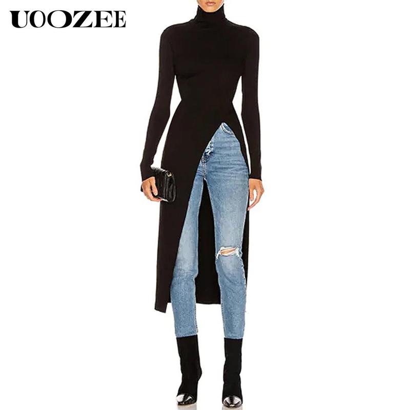 UOOZEE Women's simple tight solid color split high collar knitted top, elegant and simple, with a strong sense of design, elastic and comfortable fabric, suitable for daily leisure and commuting fall clothing women office outfits