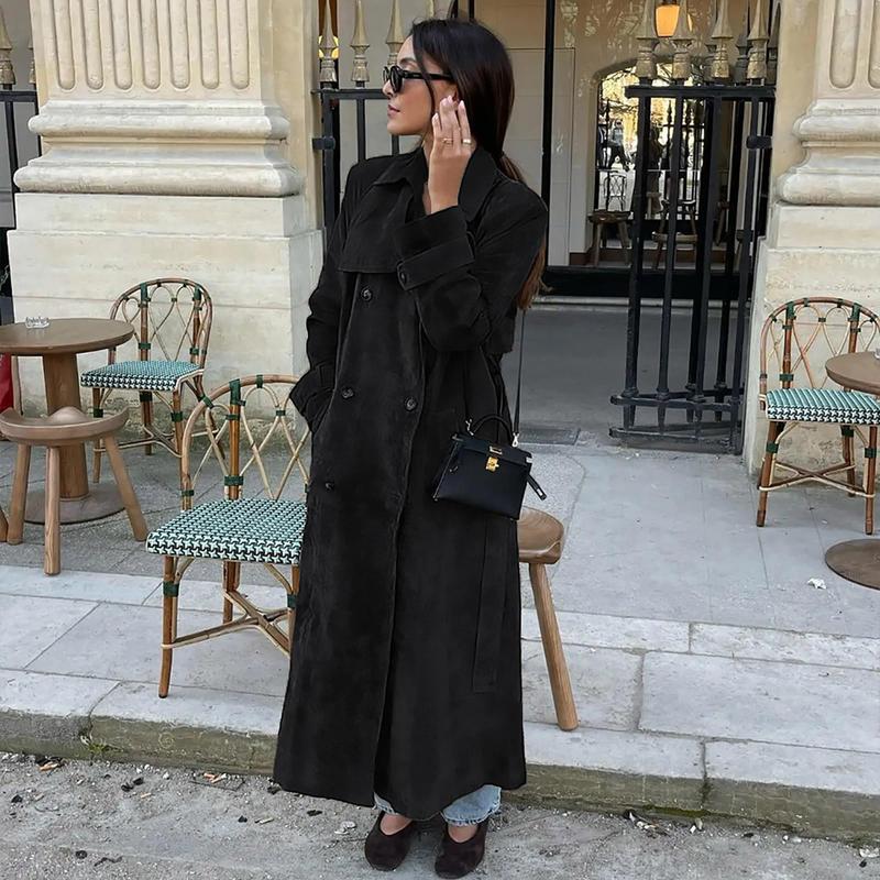👗✨Women's Faux Suede Long Trench Coat, Double Breasted Pea Coat with Belt