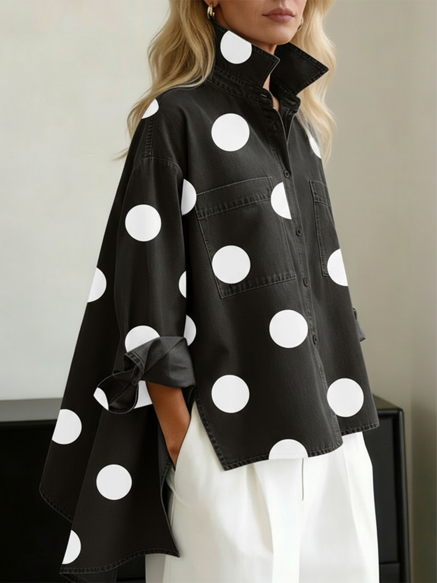 📦📦CLEARANCE SALE🔥Elegant Artistic Polka Dot Print Stand-collar Denim Top