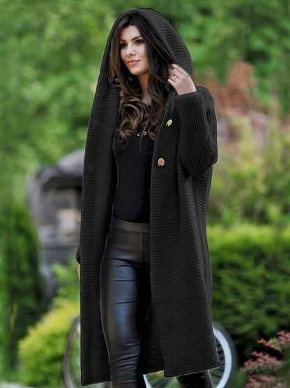 🌾 Women's Plain Textured Hooded Cardigan – Long Knit Button Down Outerwear, Comfy Fall Layer