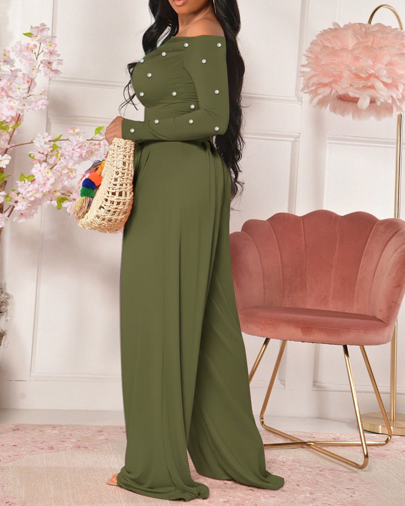 🌹 Women's Chic Pearl Embellished Jumpsuit – Skew Neck, Cinched Waist, Ruched Long Sleeve, Wide Leg