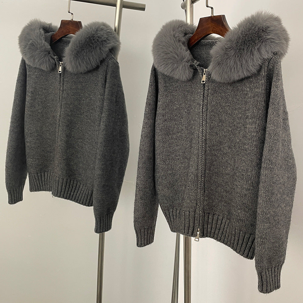 Women Hooded Fur Collar Casual Knitted Coat