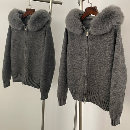 Women Hooded Fur Collar Casual Knitted Coat